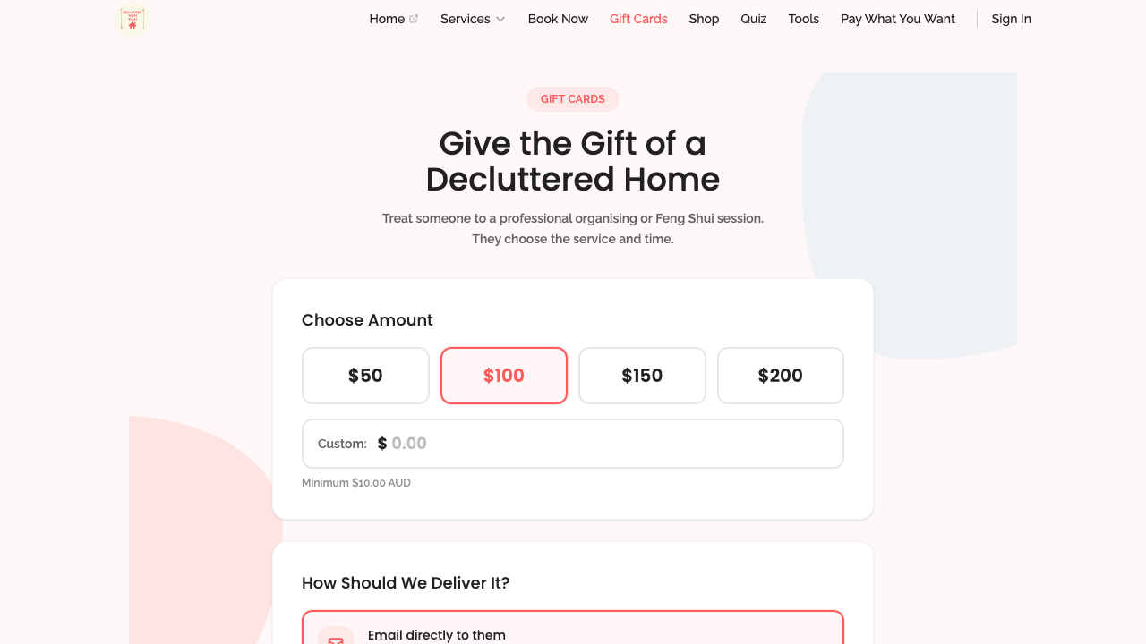 gift cards — step 1: configuration › selecting "email directly" shows recipient fields desktop