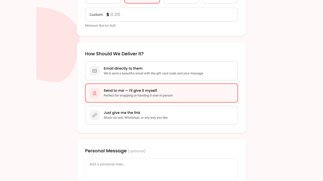 gift cards — step 1: configuration › selecting "send to me" hides recipient fields desktop