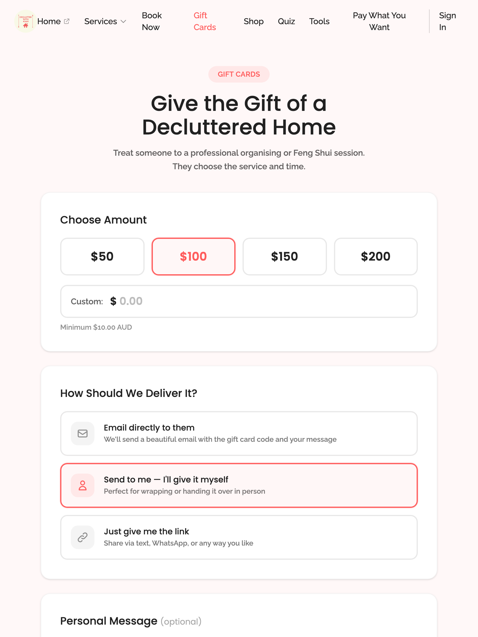 gift cards — step 1: configuration › selecting "send to me" hides recipient fields tablet