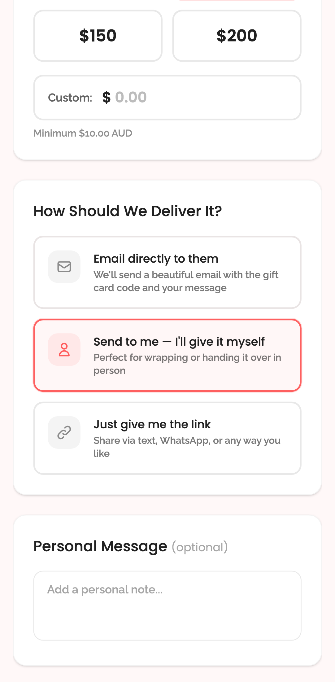 gift cards — step 1: configuration › selecting "send to me" hides recipient fields mobile