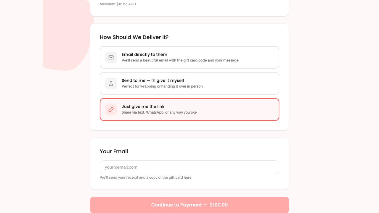 gift cards — step 1: configuration › selecting "just give me the link" hides message and recipient desktop