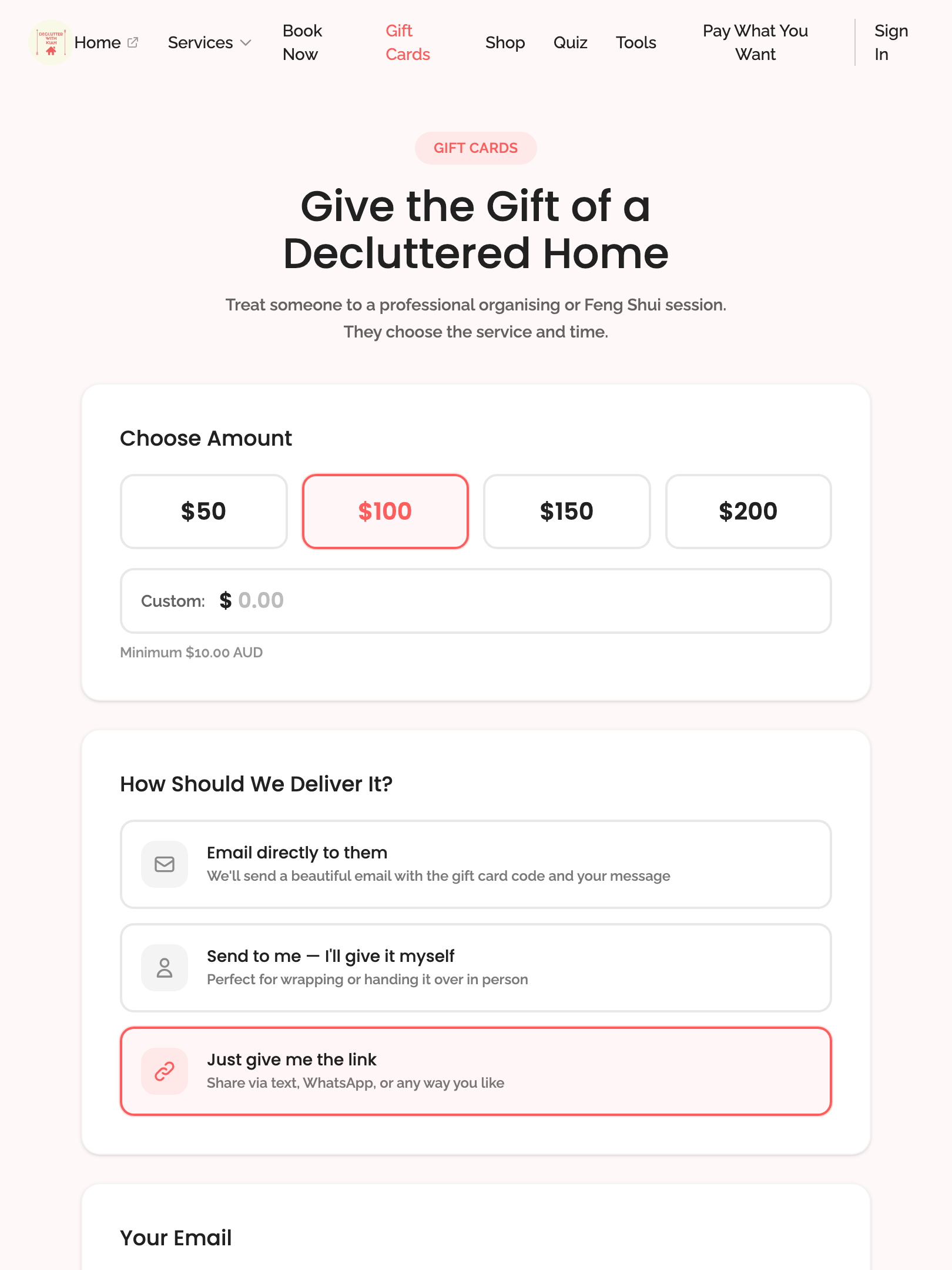gift cards — step 1: configuration › selecting "just give me the link" hides message and recipient tablet