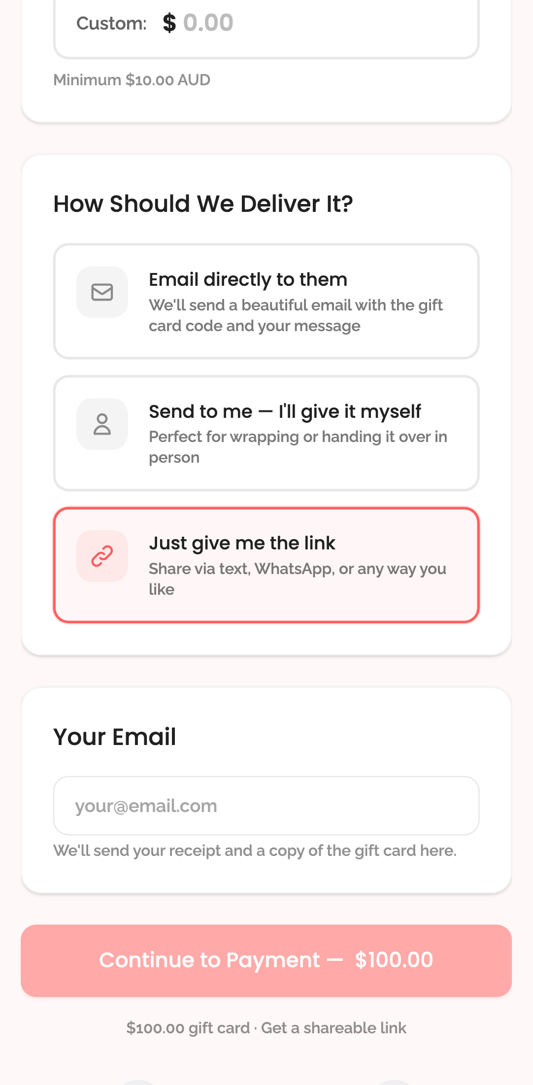 gift cards — step 1: configuration › selecting "just give me the link" hides message and recipient mobile