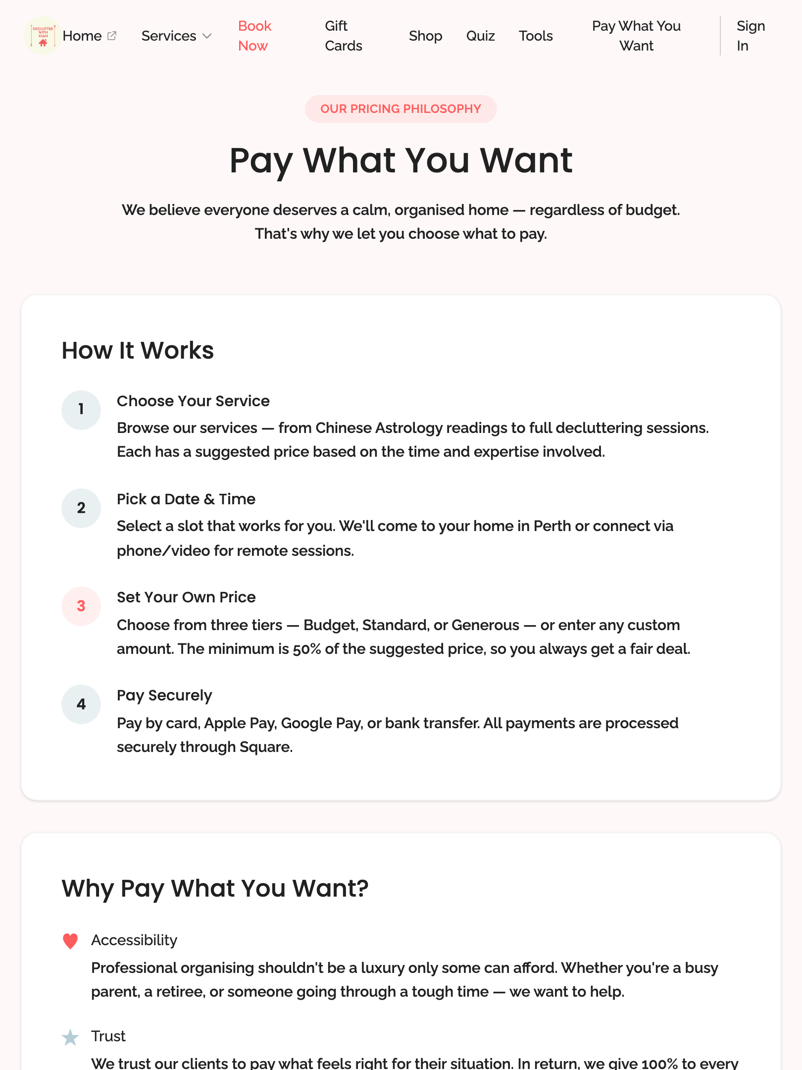 public pages — core routes › /book/pay-what-you-want loads tablet