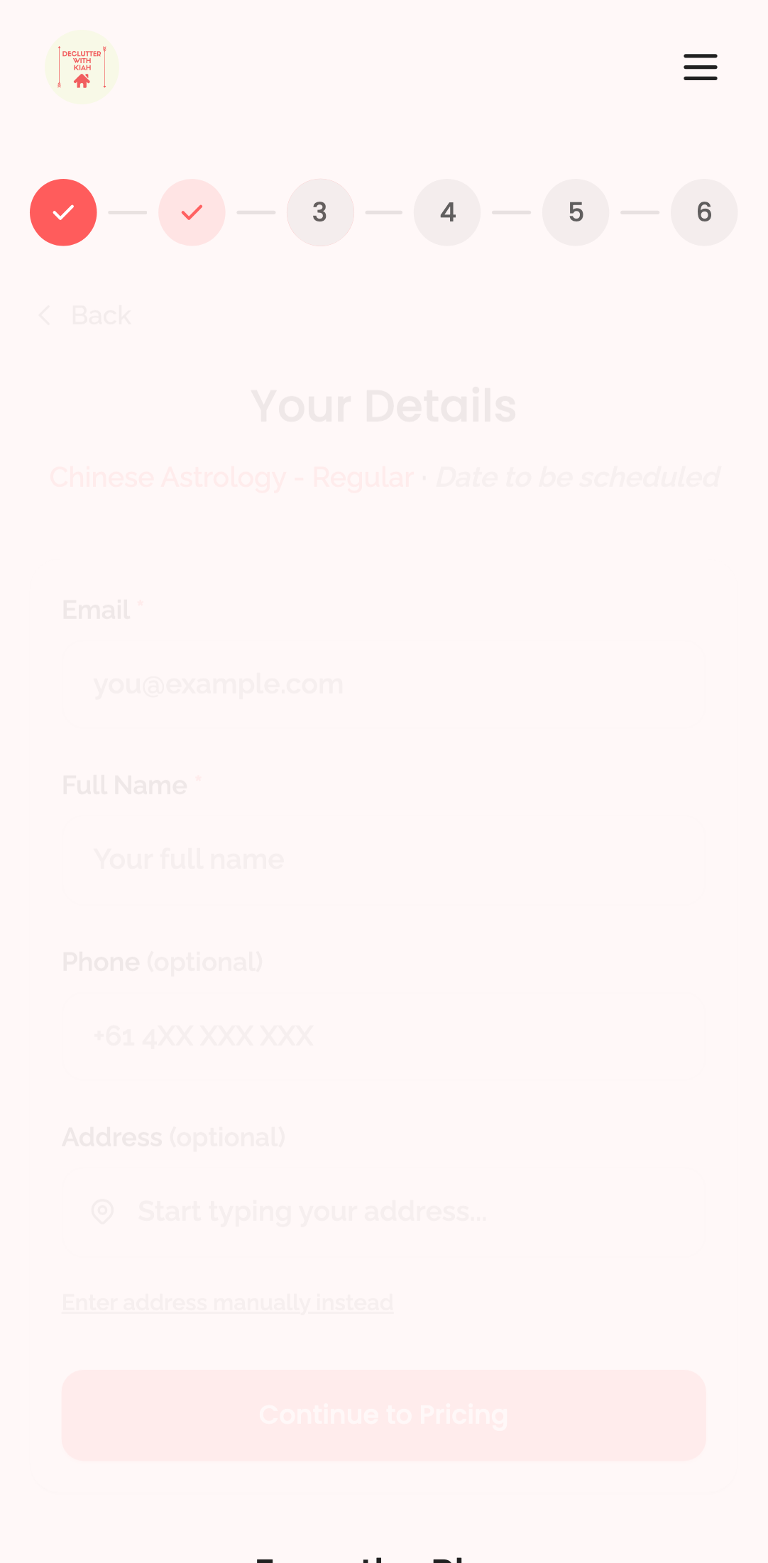 booking wizard — step 3: customer details › has Continue to Pricing button mobile