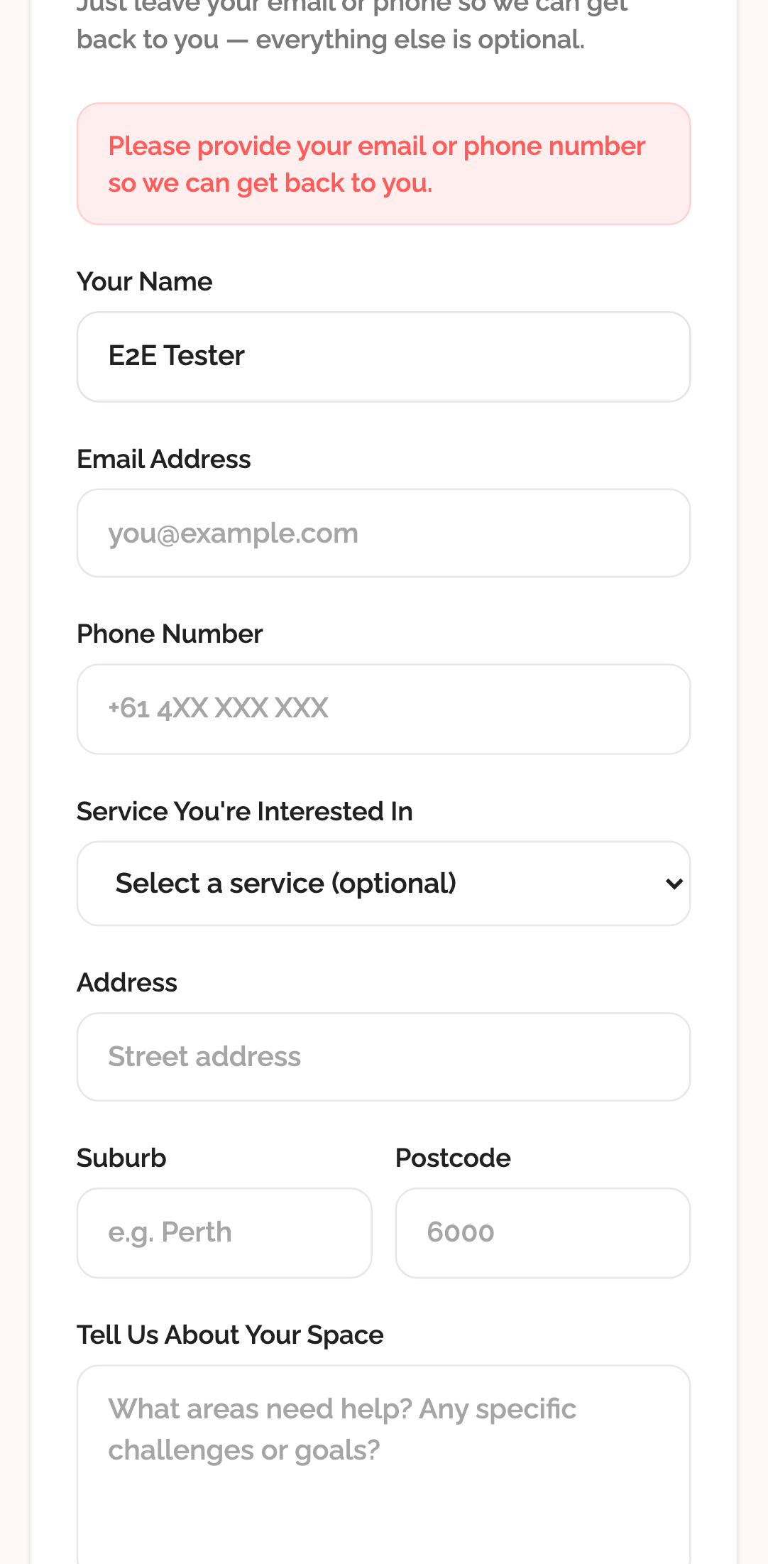 quote form › form without email or phone shows error mobile