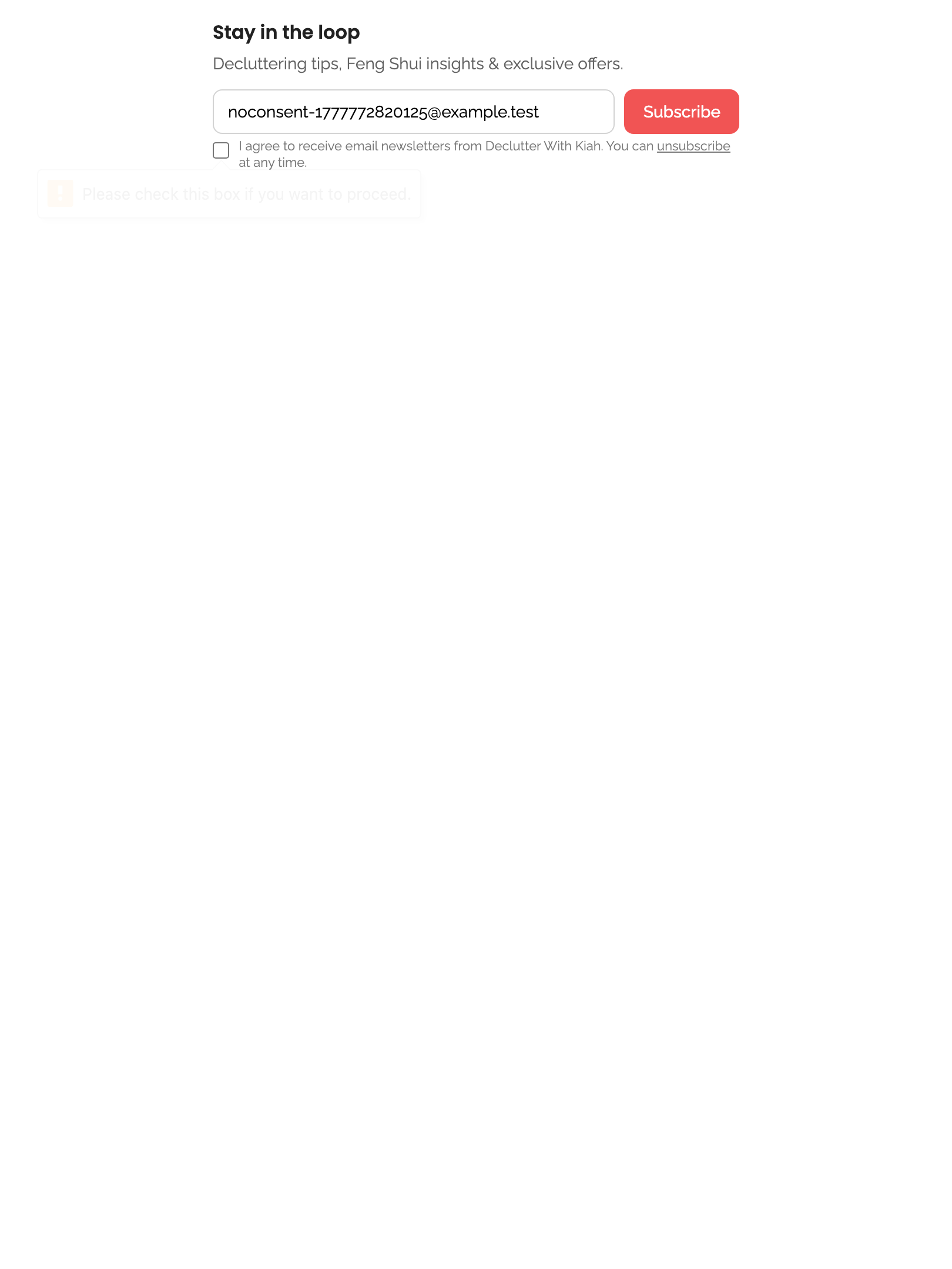 newsletter — embed subscribe form › subscribing without checking consent checkbox is blocked tablet