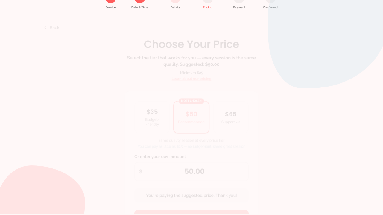 booking wizard — step 4: pricing › shows tier buttons with "Most chosen" badge desktop