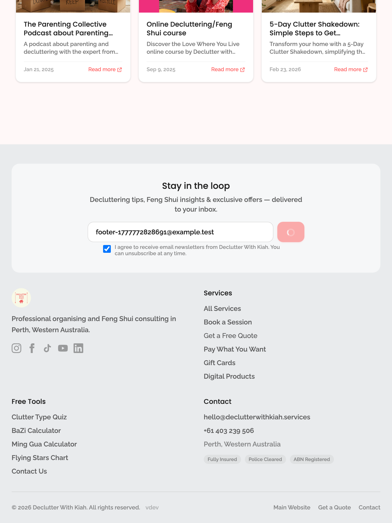 newsletter — footer subscribe section › footer subscribe works with valid email and consent tablet