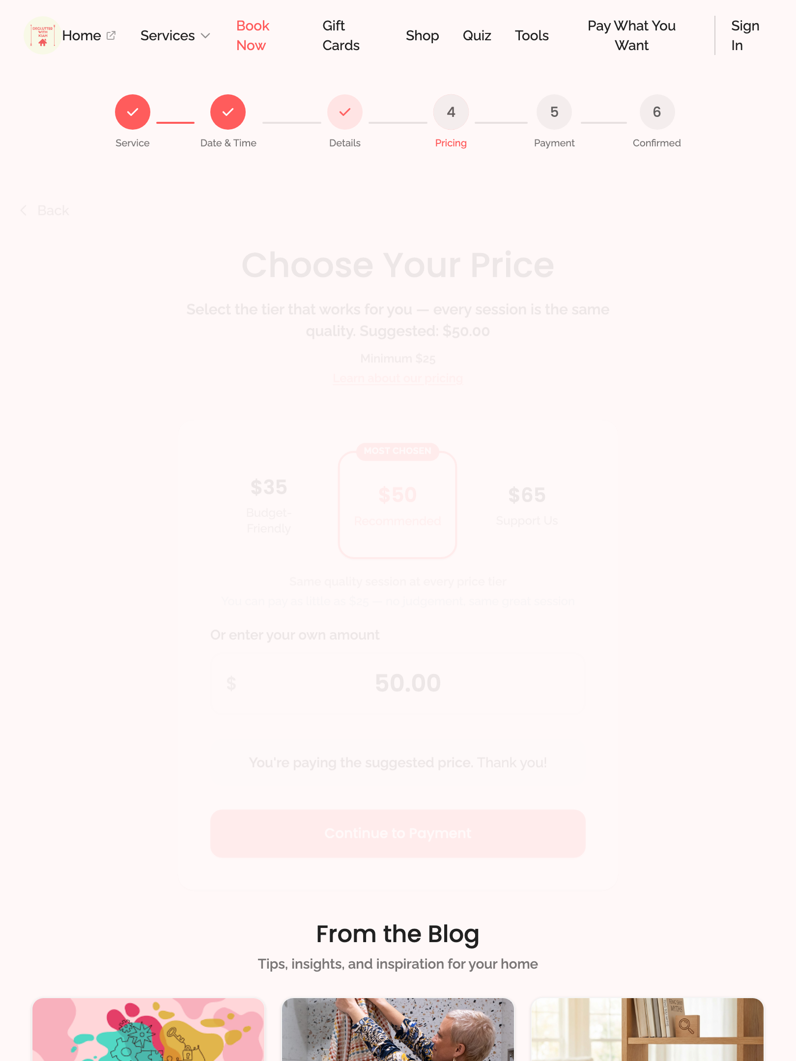 booking wizard — step 4: pricing › shows tier buttons with "Most chosen" badge tablet