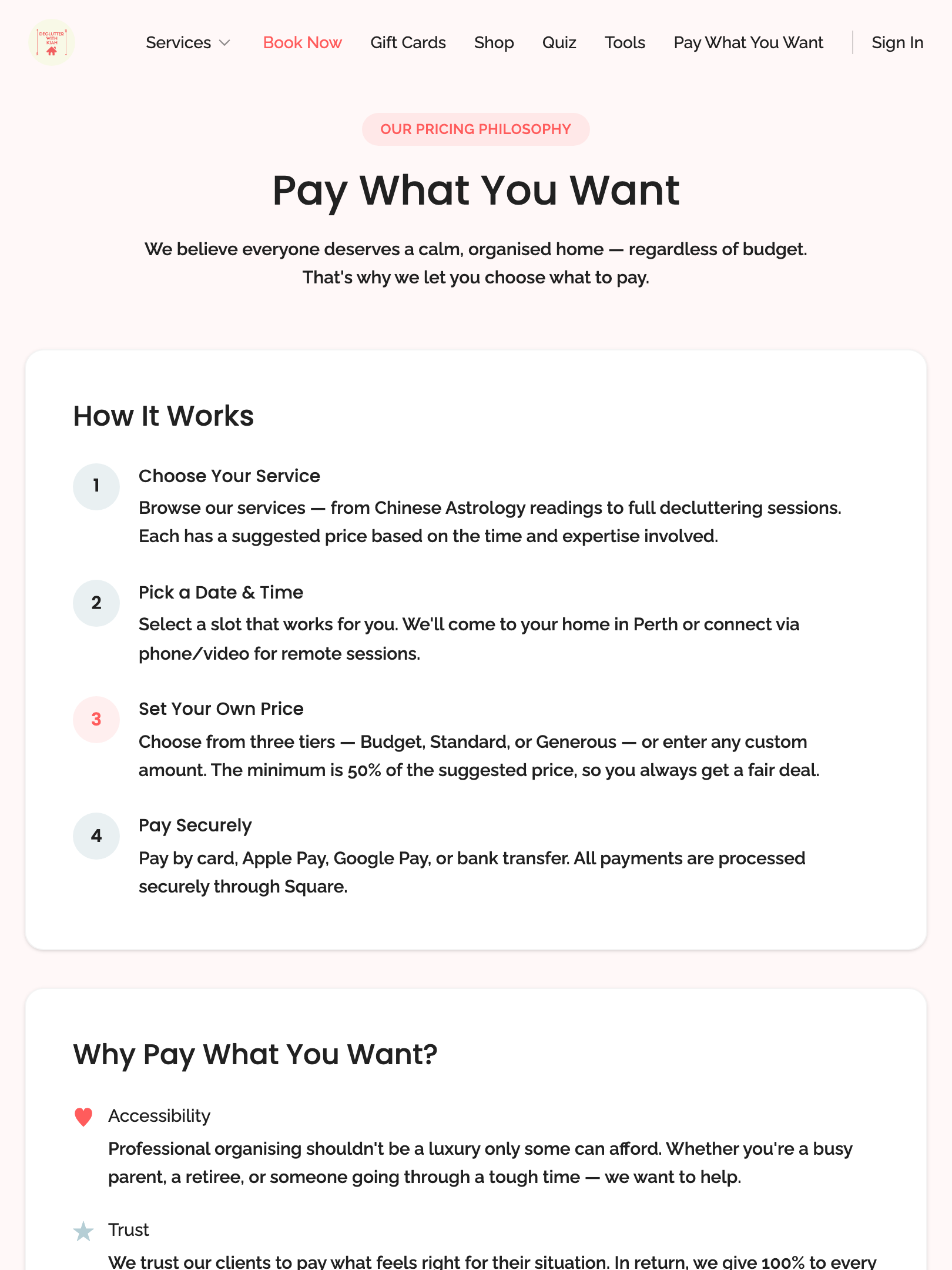 public pages — core routes › /book/pay-what-you-want loads tablet