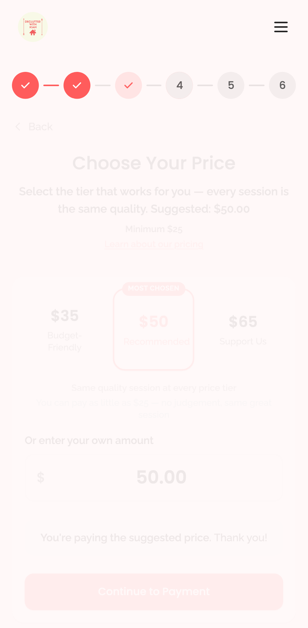 booking wizard — step 4: pricing › has Continue to Payment button mobile