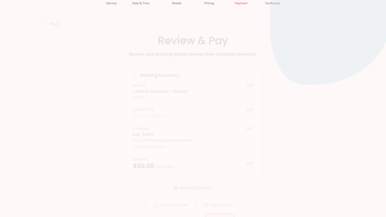 booking wizard — step 5: payment › shows Review & Pay heading and booking summary desktop