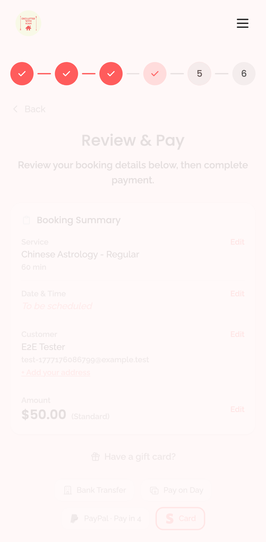 booking wizard — step 5: payment › shows Review & Pay heading and booking summary mobile