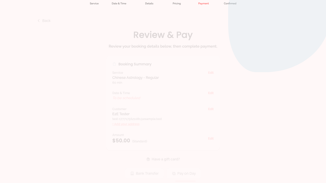 booking wizard — step 5: payment › shows service name in summary desktop