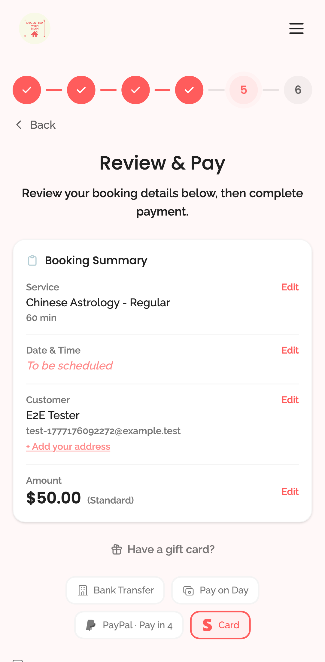 booking wizard — step 5: payment › shows service name in summary mobile