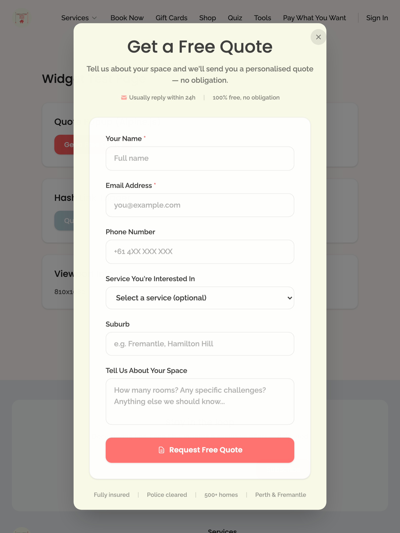 widget popups — quote modal › quote modal opens via button click tablet