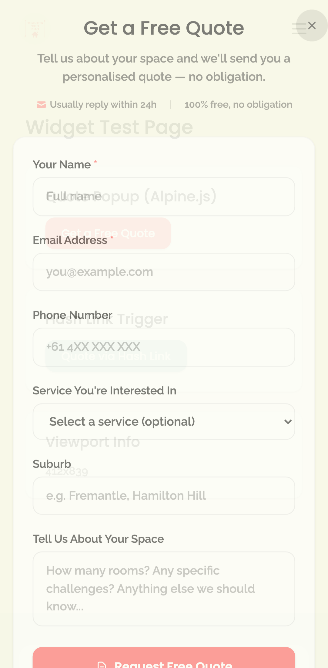 widget popups — quote modal › quote modal opens via button click mobile
