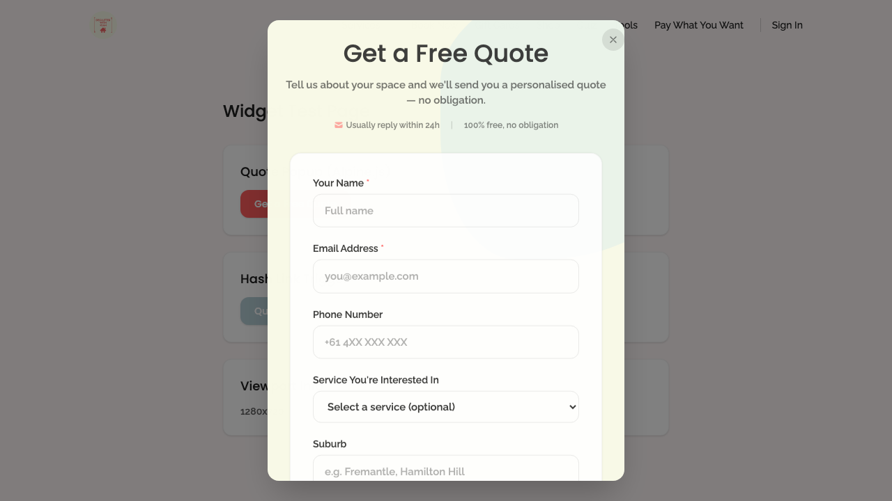 widget popups — quote modal › close button meets 40px minimum tap target desktop