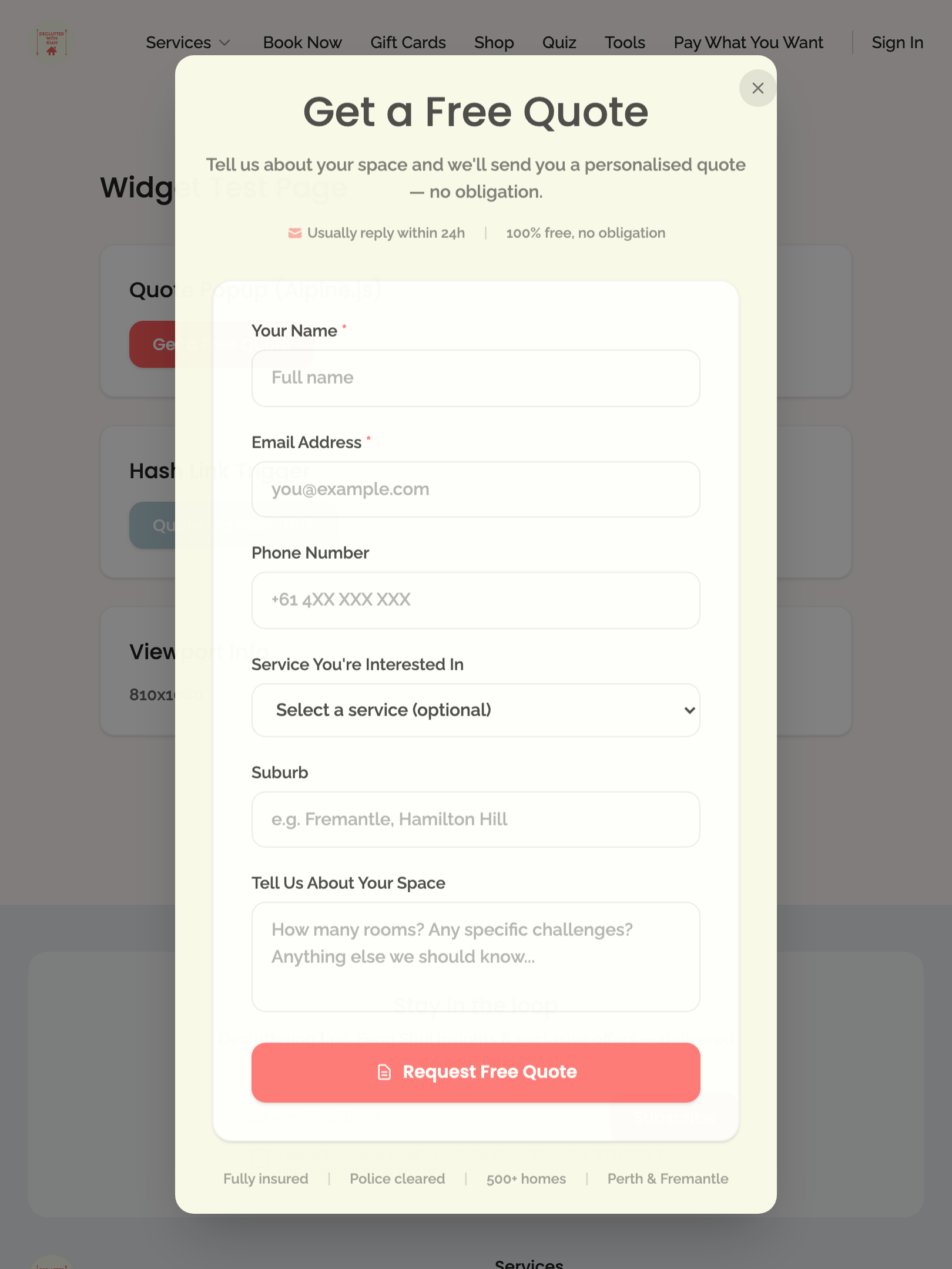 widget popups — quote modal › close button meets 40px minimum tap target tablet