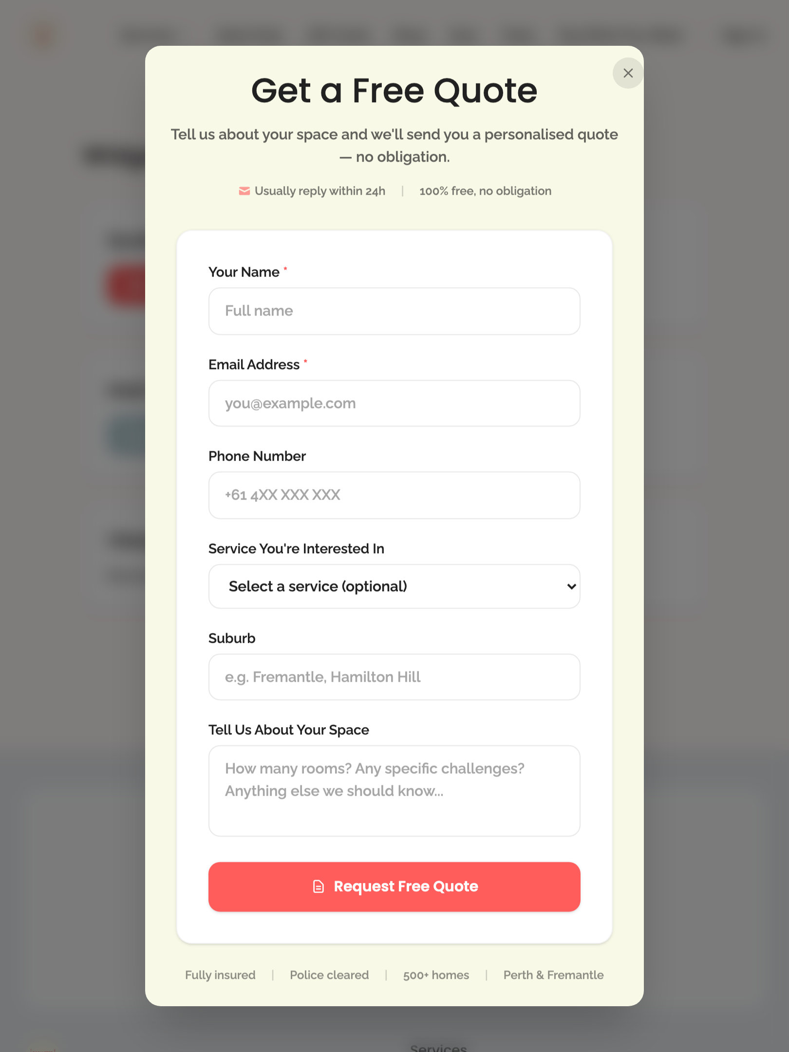 widget popups — quote modal › quote form has required fields tablet