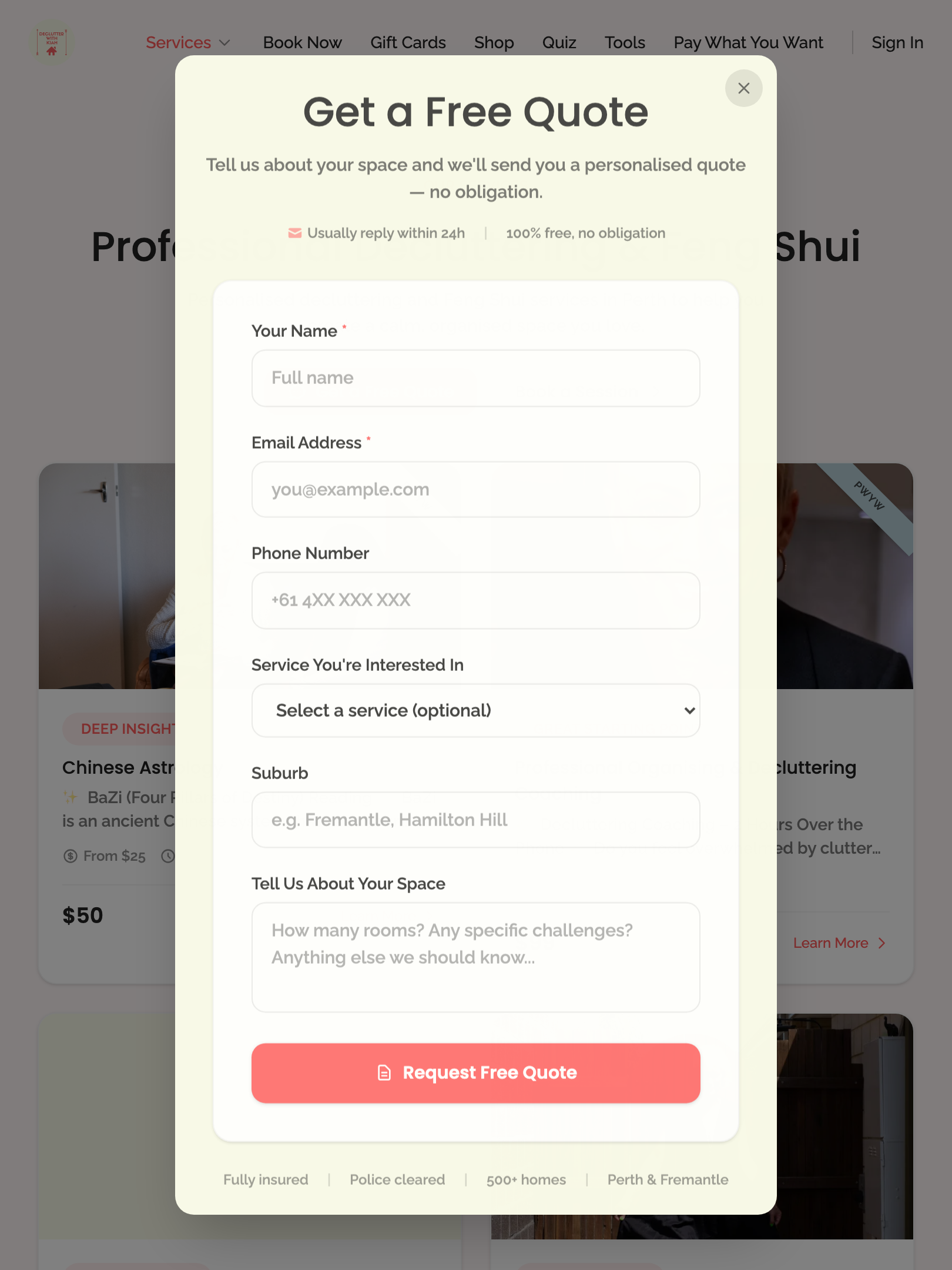 widget popups — services page quote modal › services page quote buttons open modal tablet