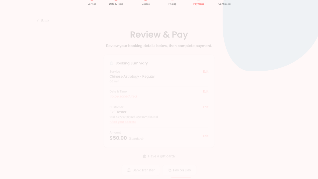 booking wizard — step 5: payment › has terms checkbox and gift card section desktop