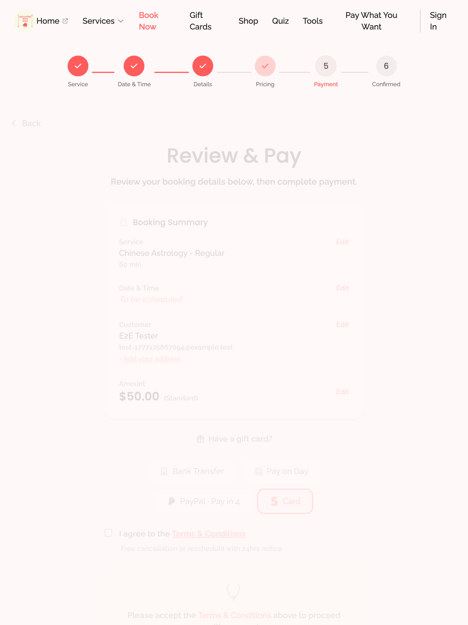 booking wizard — step 5: payment › has terms checkbox and gift card section tablet