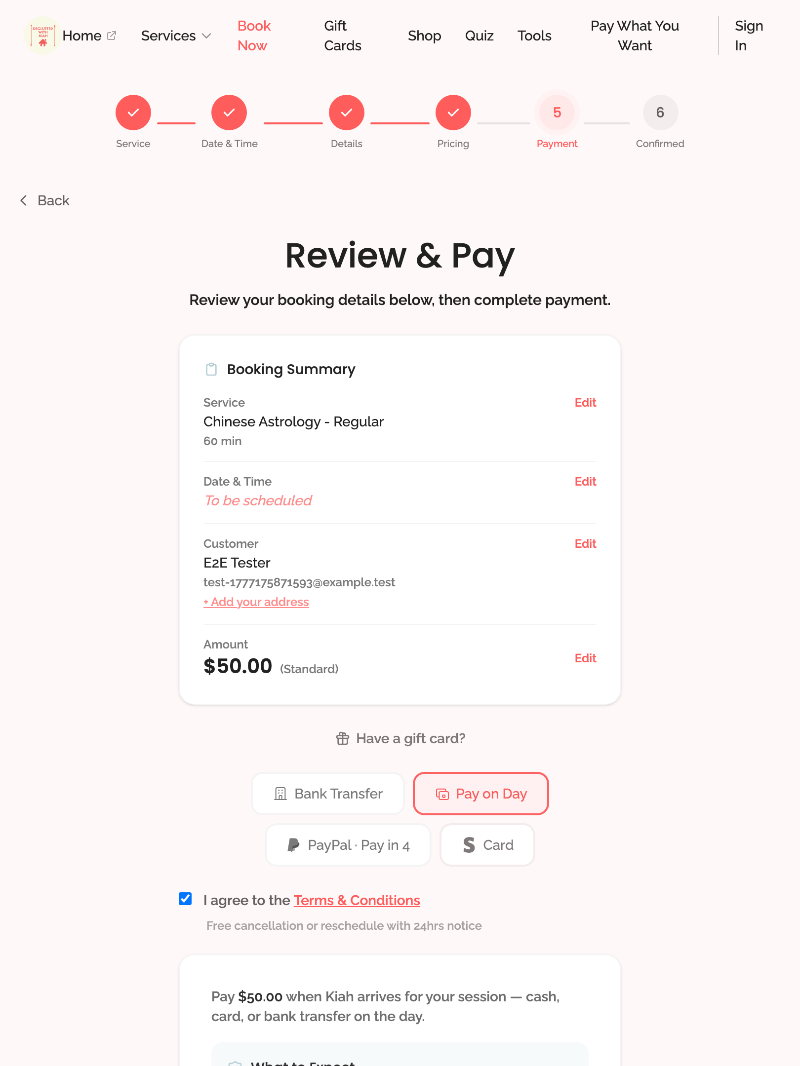 booking wizard — pay on day gateway › can select Pay on Day and see Confirm Booking tablet