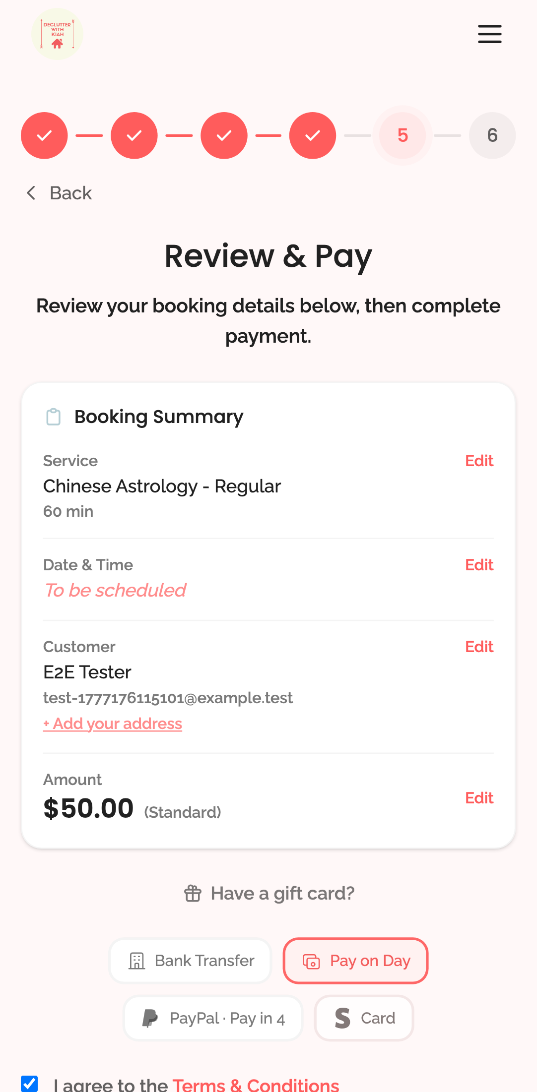 booking wizard — pay on day gateway › can select Pay on Day and see Confirm Booking mobile