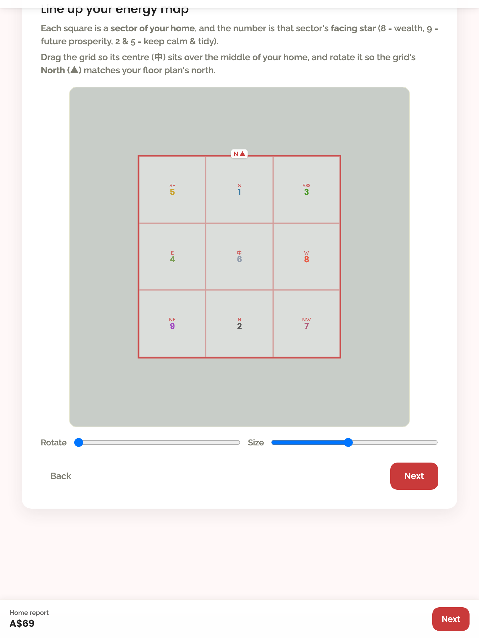home report — wizard › floor-plan upload shows a labelled 9-palace overlay (not empty boxes) tablet