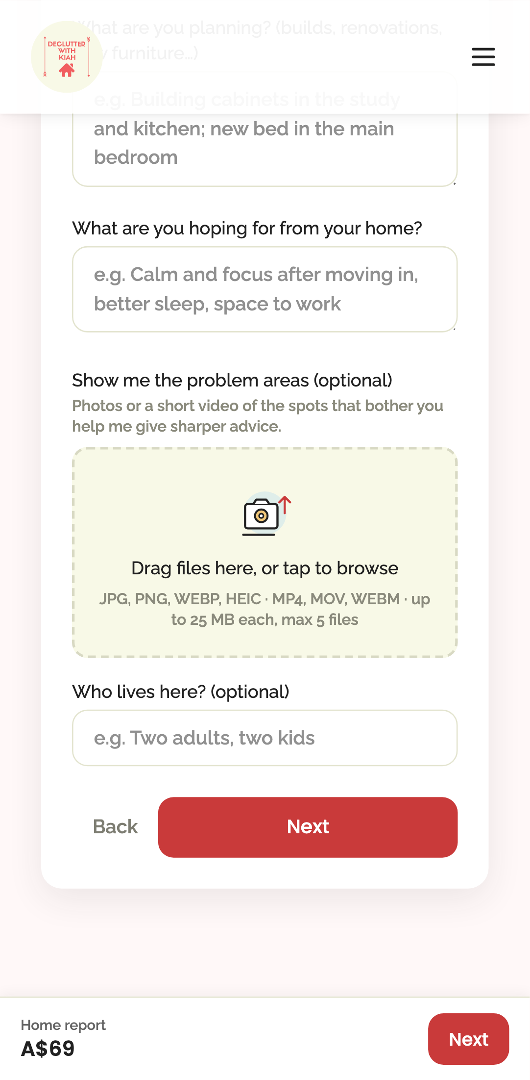 home report — wizard › step-5 problem-area upload shows a thumbnail and remove works mobile