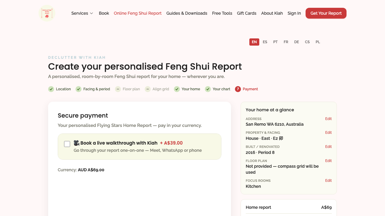 home report — payment step, terms & resume › reaches secure payment, links the terms, and the landing offers resume desktop