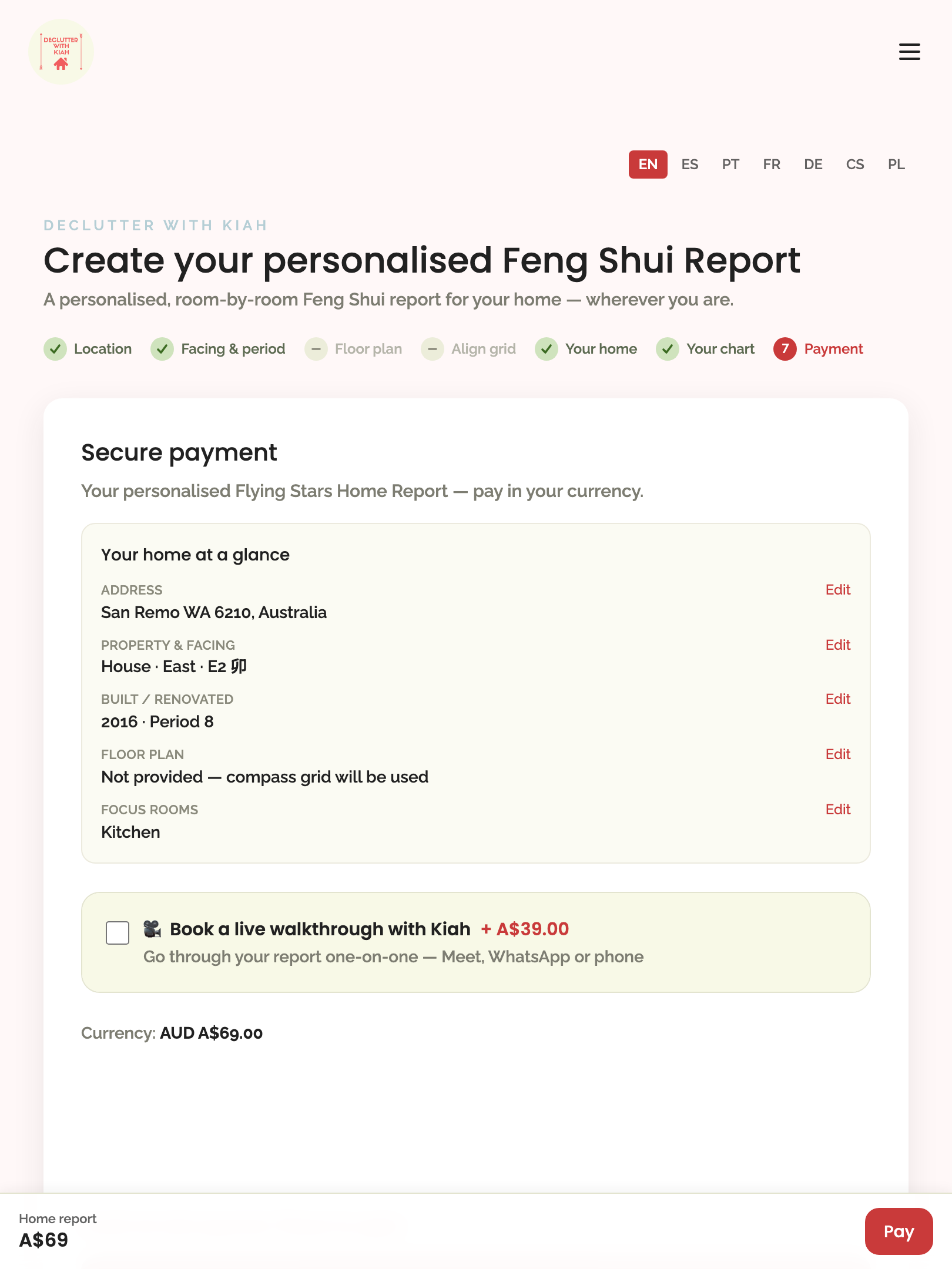 home report — payment step, terms & resume › reaches secure payment, links the terms, and the landing offers resume tablet