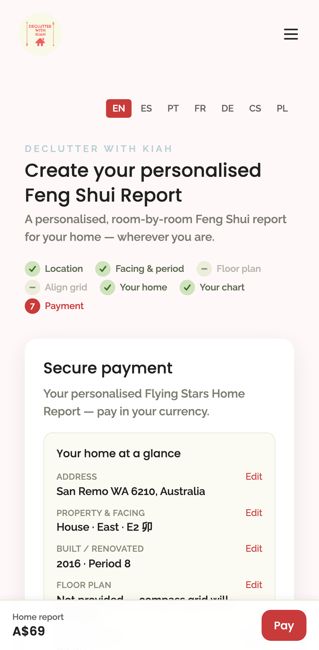 home report — payment step, terms & resume › reaches secure payment, links the terms, and the landing offers resume mobile
