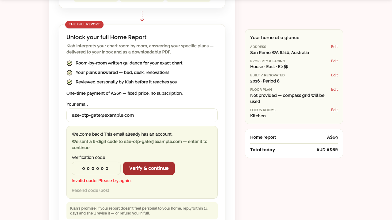 home report — payment step, terms & resume › an email with an existing account is OTP-gated at step 6 desktop