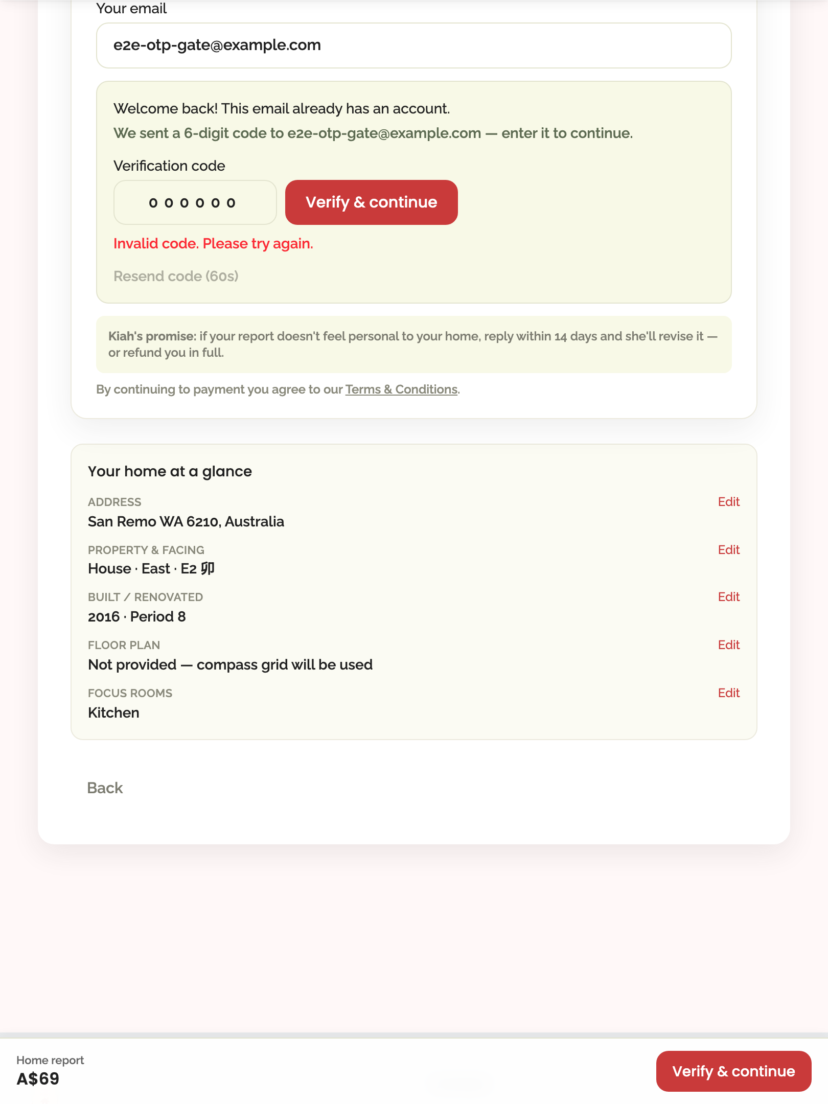 home report — payment step, terms & resume › an email with an existing account is OTP-gated at step 6 tablet