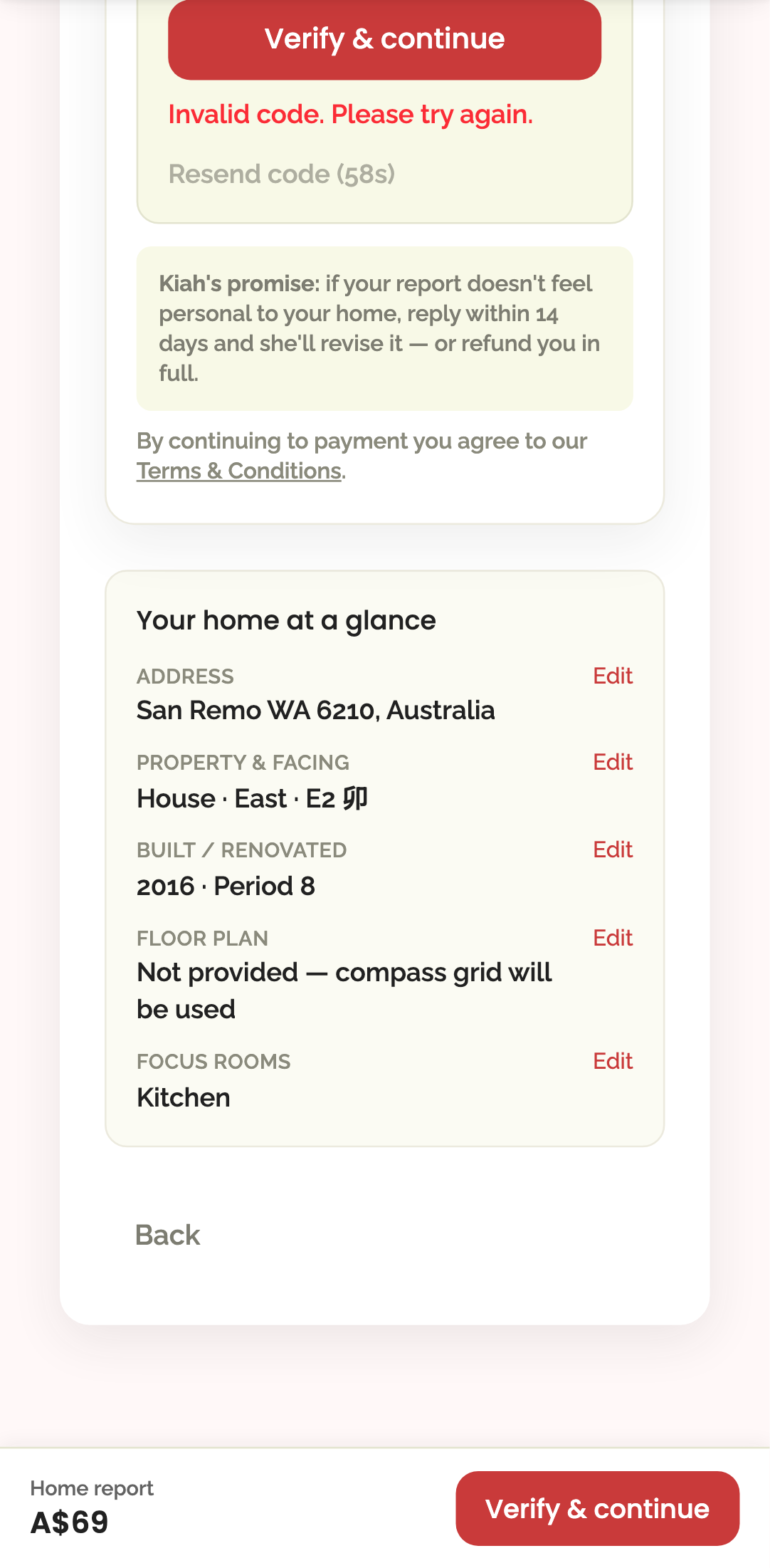 home report — payment step, terms & resume › an email with an existing account is OTP-gated at step 6 mobile