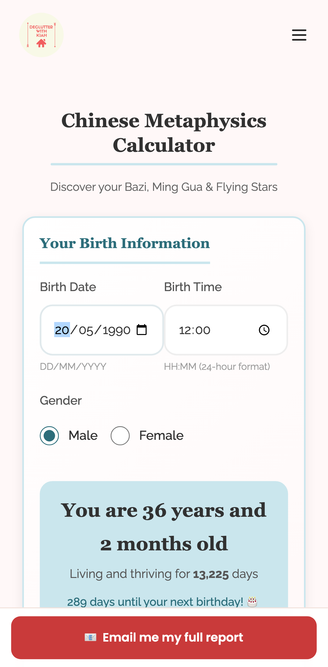 tools — calculator journey › entering a birth date reveals the chart and the top email CTA mobile