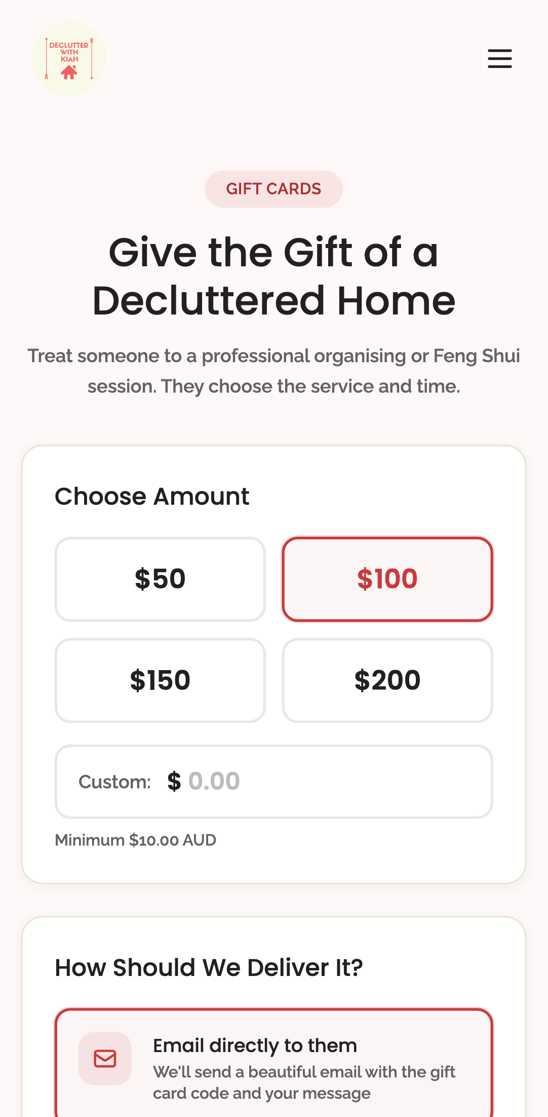 gift cards — step 1: configuration › shows all three delivery methods mobile