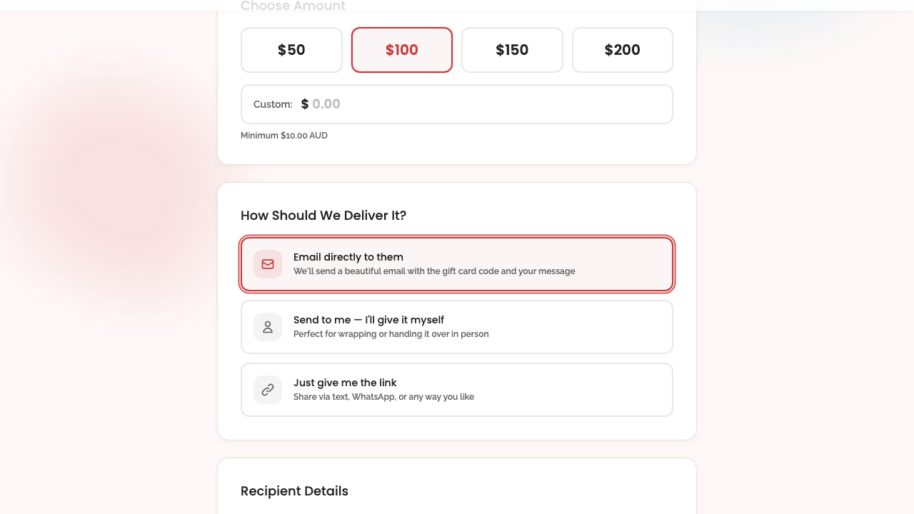 gift cards — step 1: configuration › selecting "email directly" shows recipient fields desktop