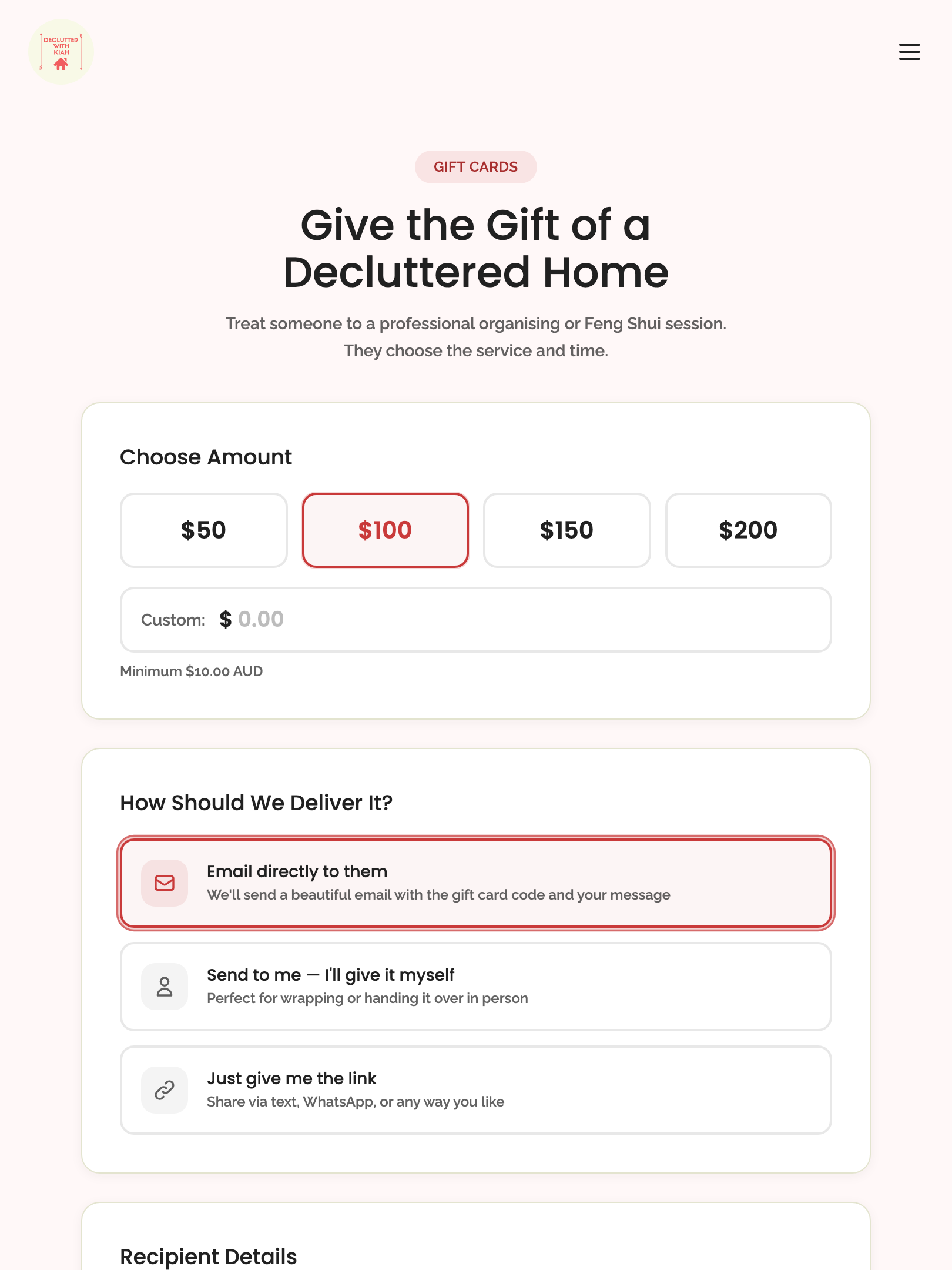 gift cards — step 1: configuration › selecting "email directly" shows recipient fields tablet