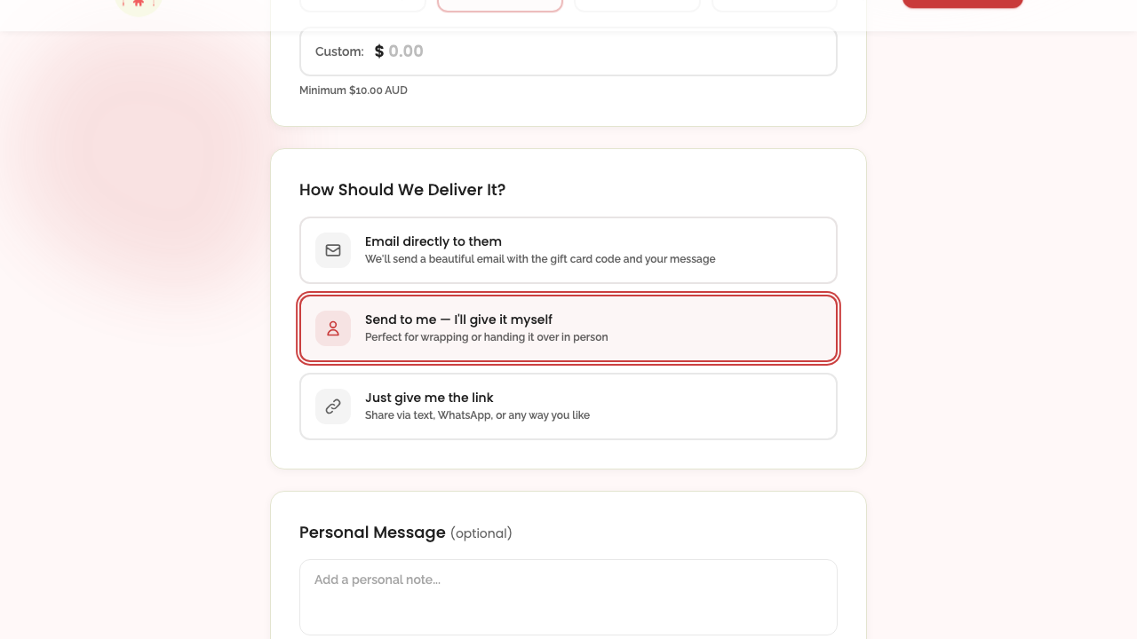 gift cards — step 1: configuration › selecting "send to me" hides recipient fields desktop