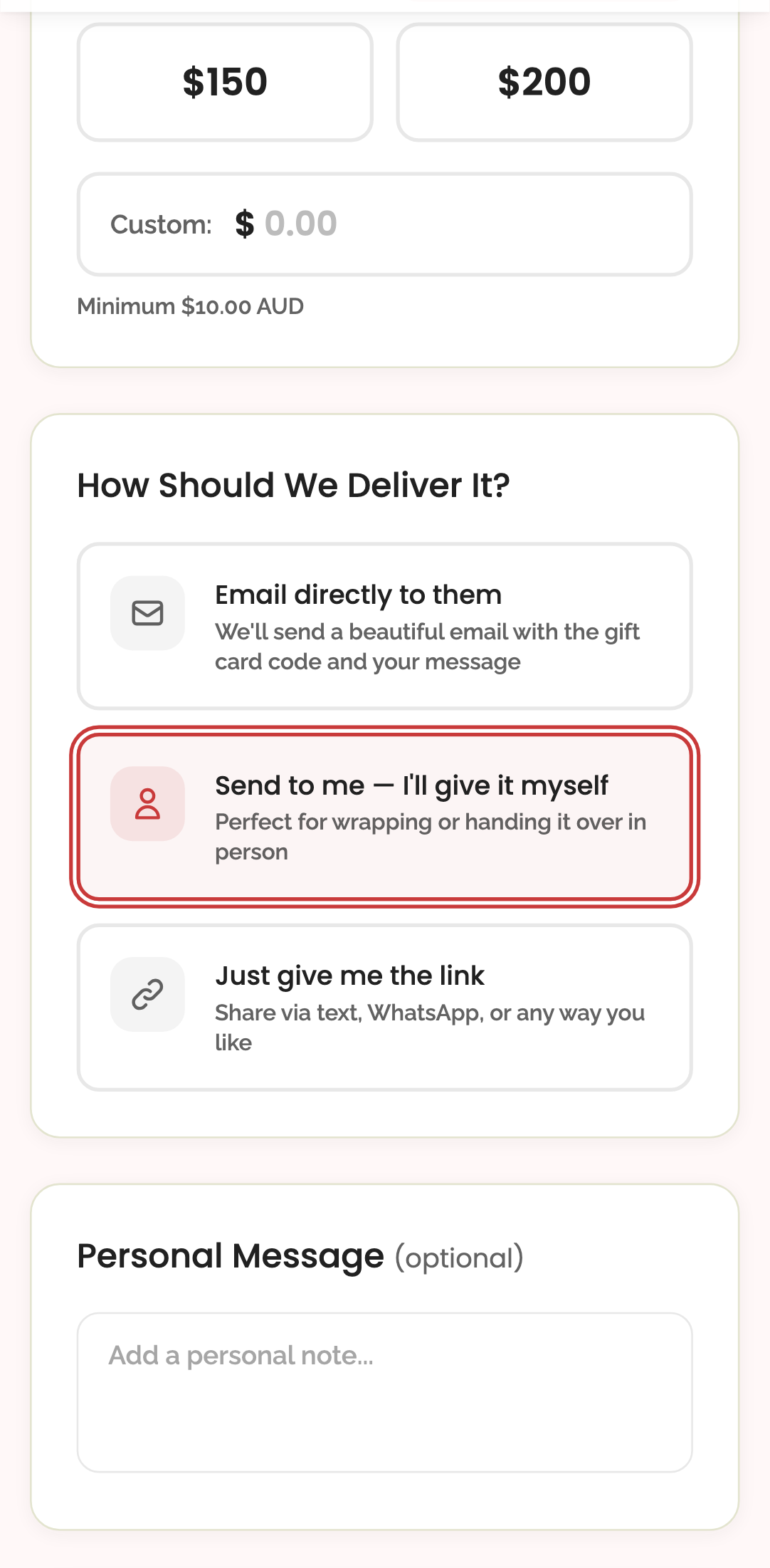 gift cards — step 1: configuration › selecting "send to me" hides recipient fields mobile