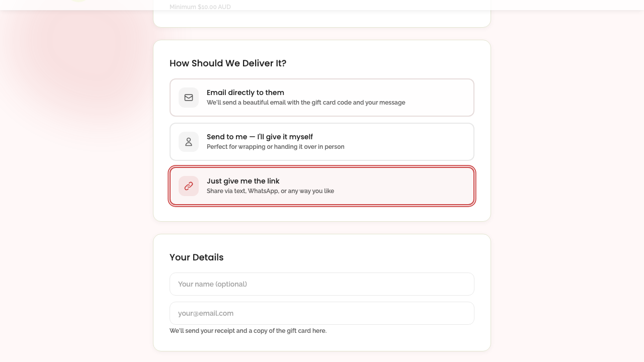 gift cards — step 1: configuration › selecting "just give me the link" hides message and recipient desktop