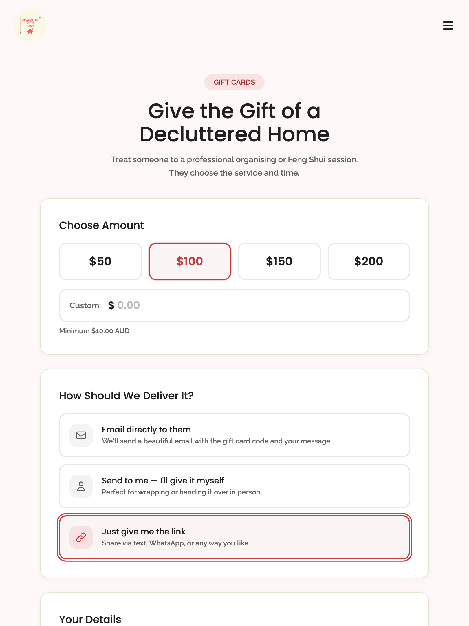 gift cards — step 1: configuration › selecting "just give me the link" hides message and recipient tablet