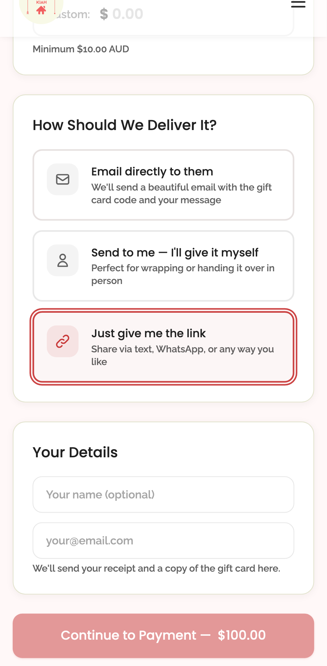 gift cards — step 1: configuration › selecting "just give me the link" hides message and recipient mobile