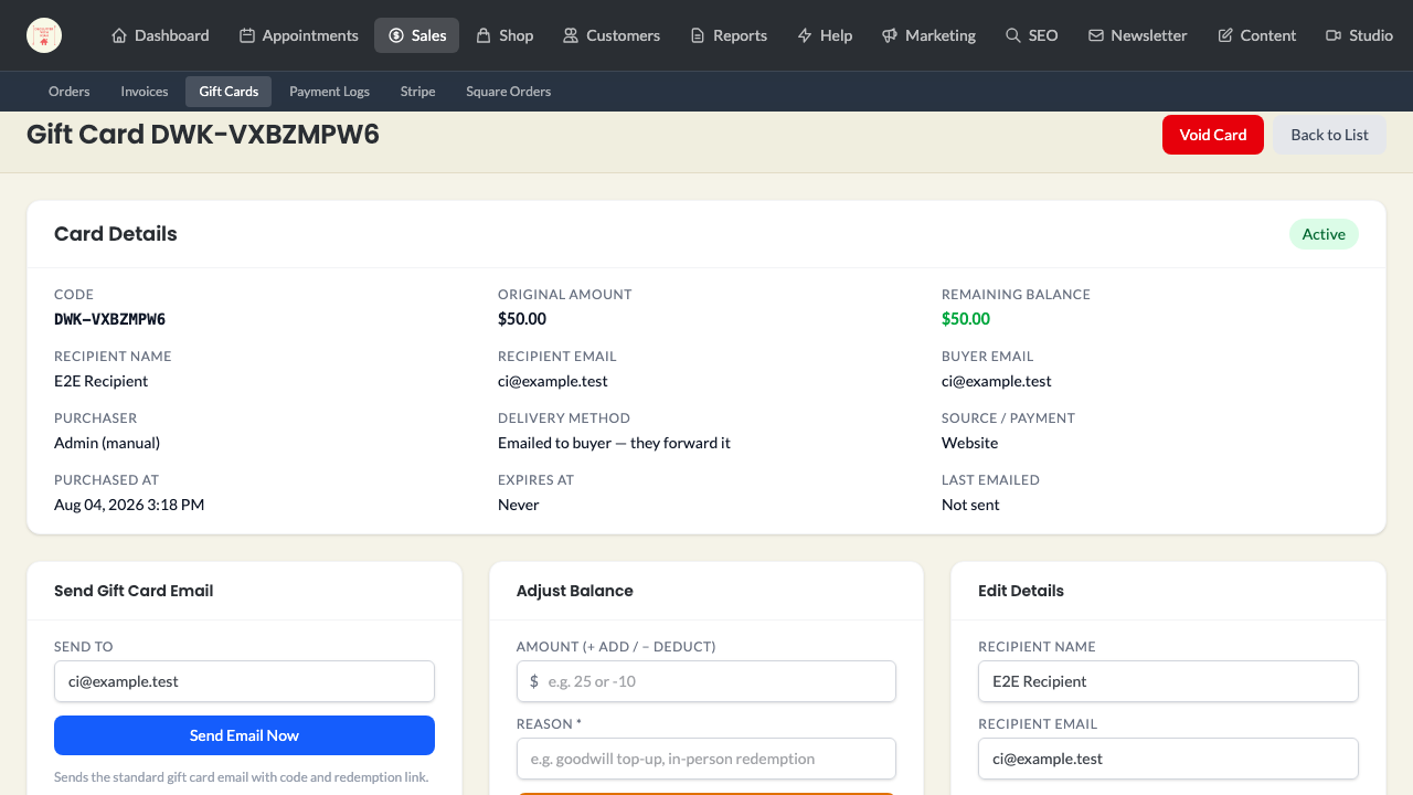 gift cards — admin management › admin card page shows actions, email history and activity desktop
