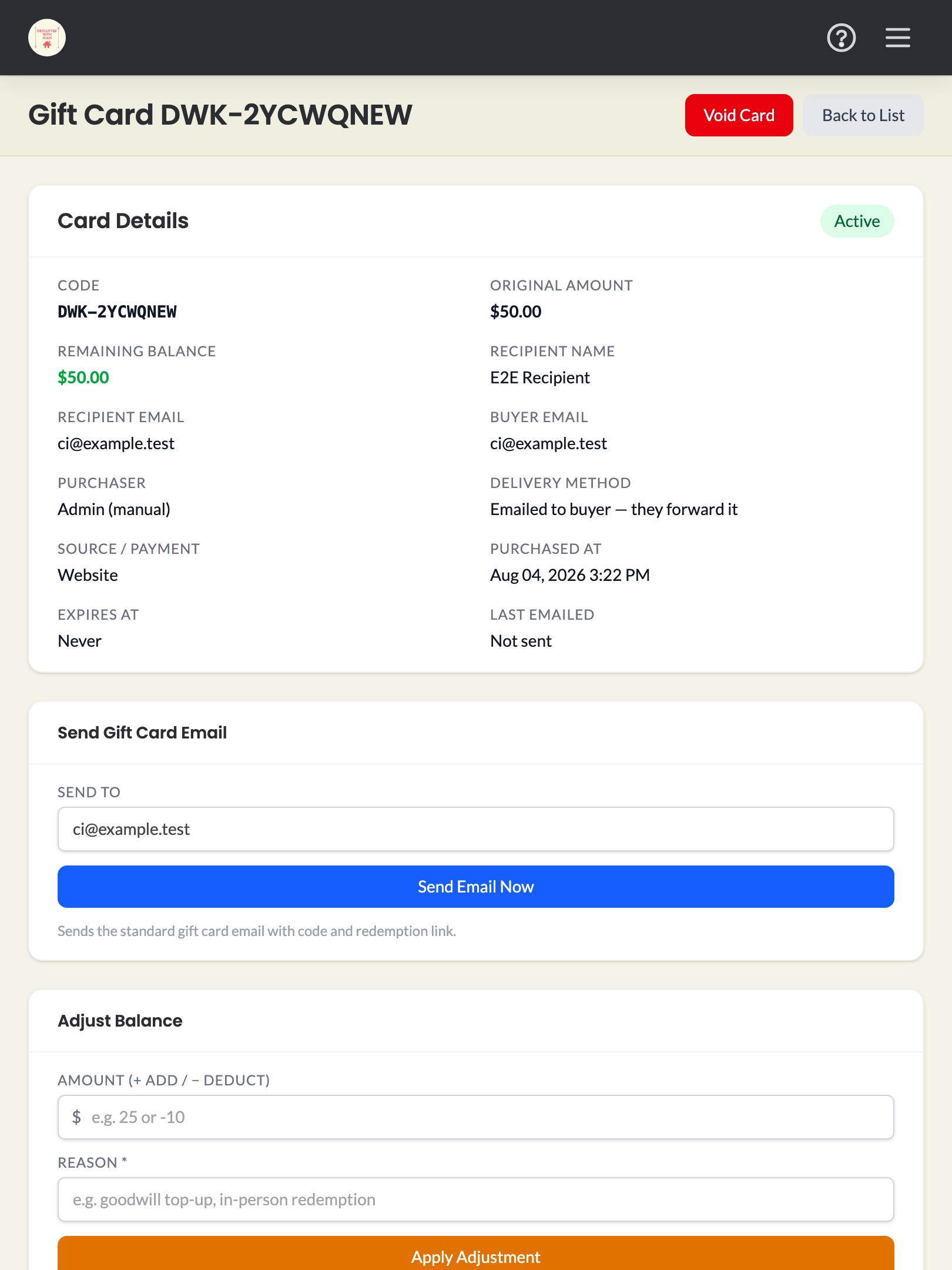 gift cards — admin management › admin card page shows actions, email history and activity tablet