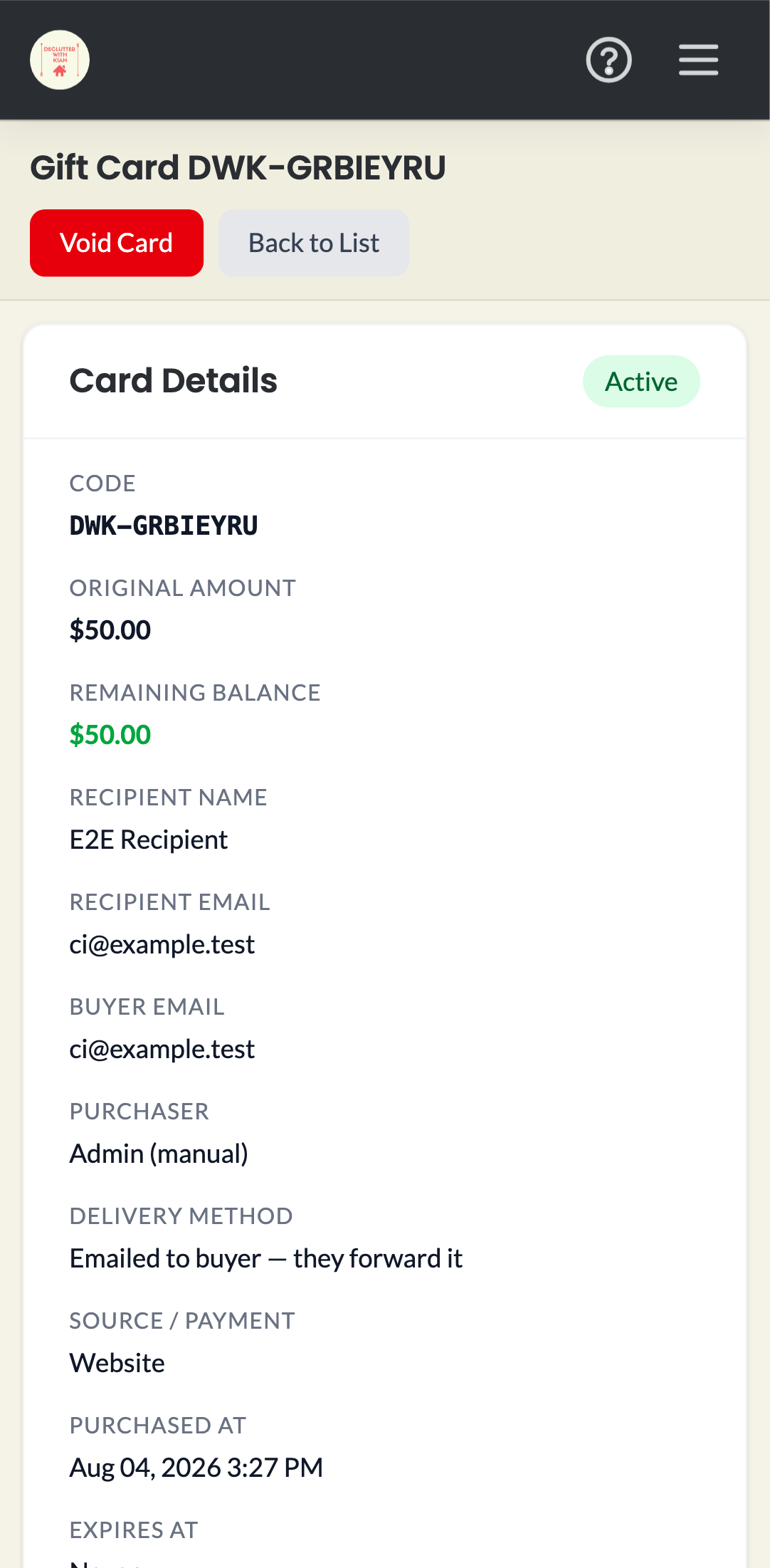 gift cards — admin management › admin card page shows actions, email history and activity mobile